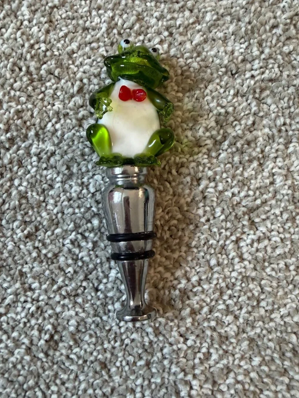 Hand Blown Art Glass Frog Wine Bottle Stopper Green Glass Frog Chrome Barware